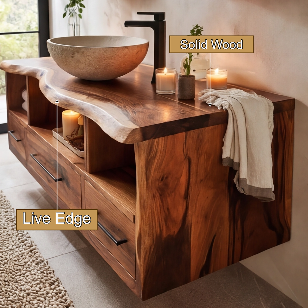 Live Edge Solid Wood Floating Bathroom Vanity with Drawers - view 3