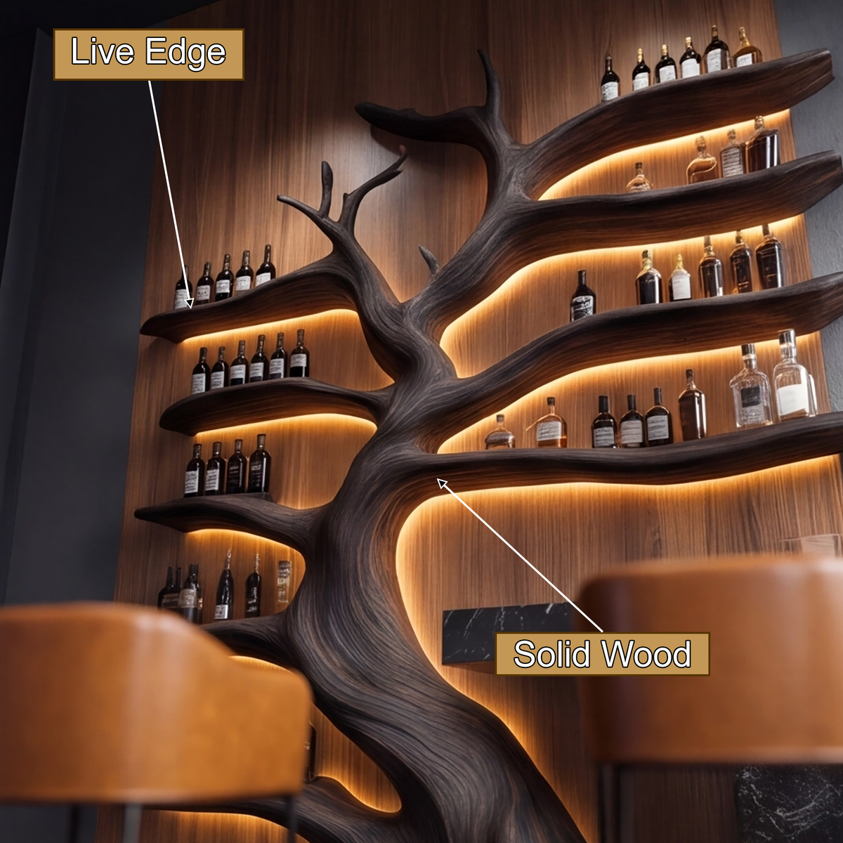 Solid Wood Tree Wine Rack with Integrated LED Backlit Branch Shelves - view 2