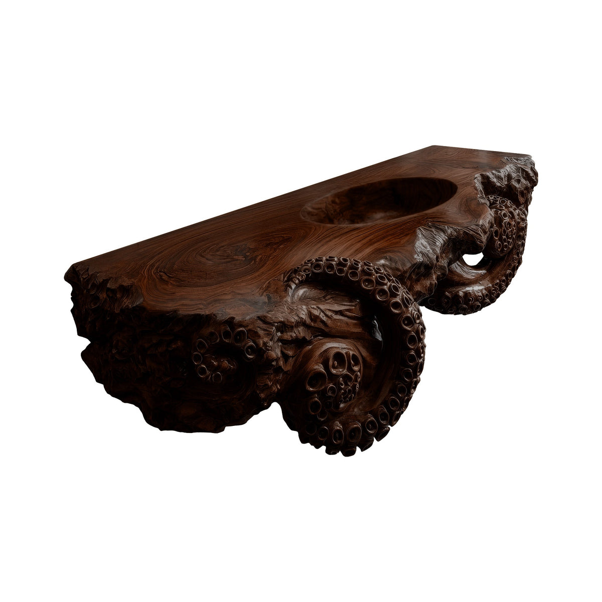 Octopus Carved Live Edge Floating Vanity with Integrated Sink in Dark Walnut finish