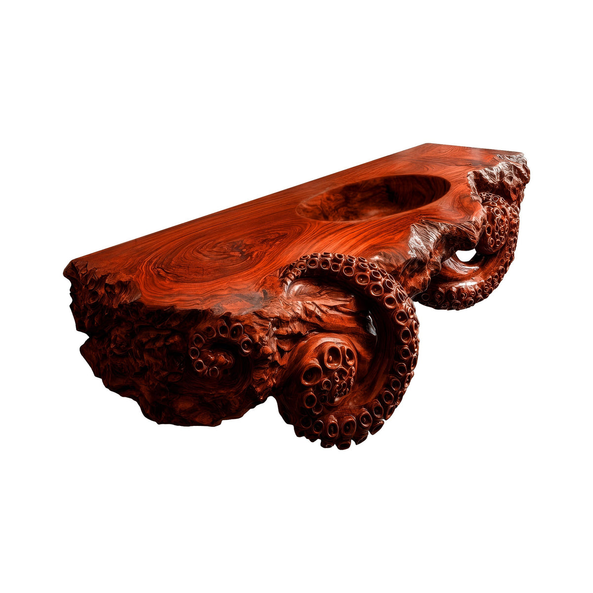 Octopus Carved Live Edge Floating Vanity with Integrated Sink in Mahogany finish