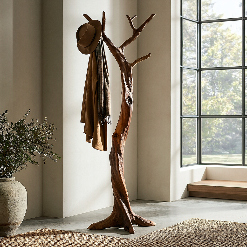 Sculpted Solid Wood Tree Coat Rack with Branch Hooks