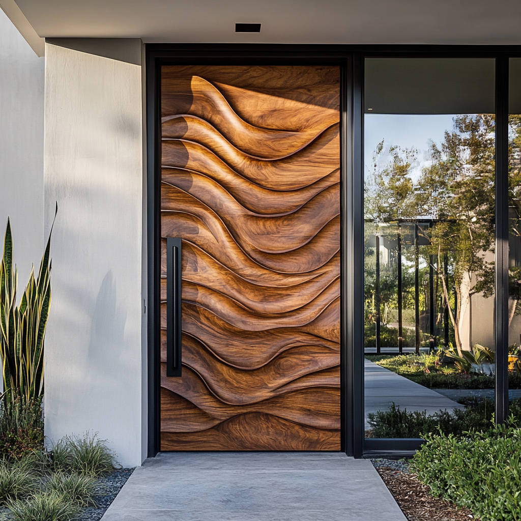 Wave-Carved Solid Wood Rectangular Single Entry Door