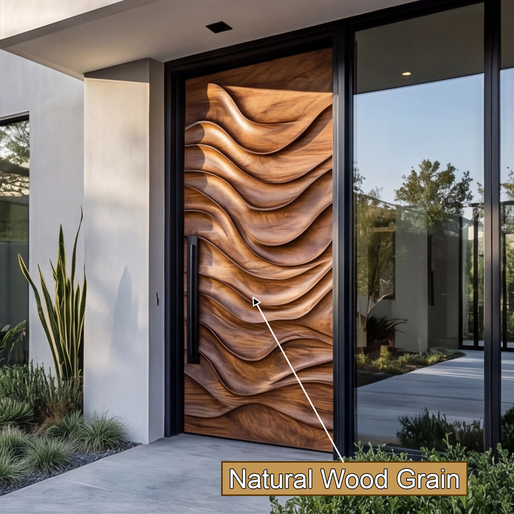 Wave-Carved Solid Wood Rectangular Single Entry Door - view 2
