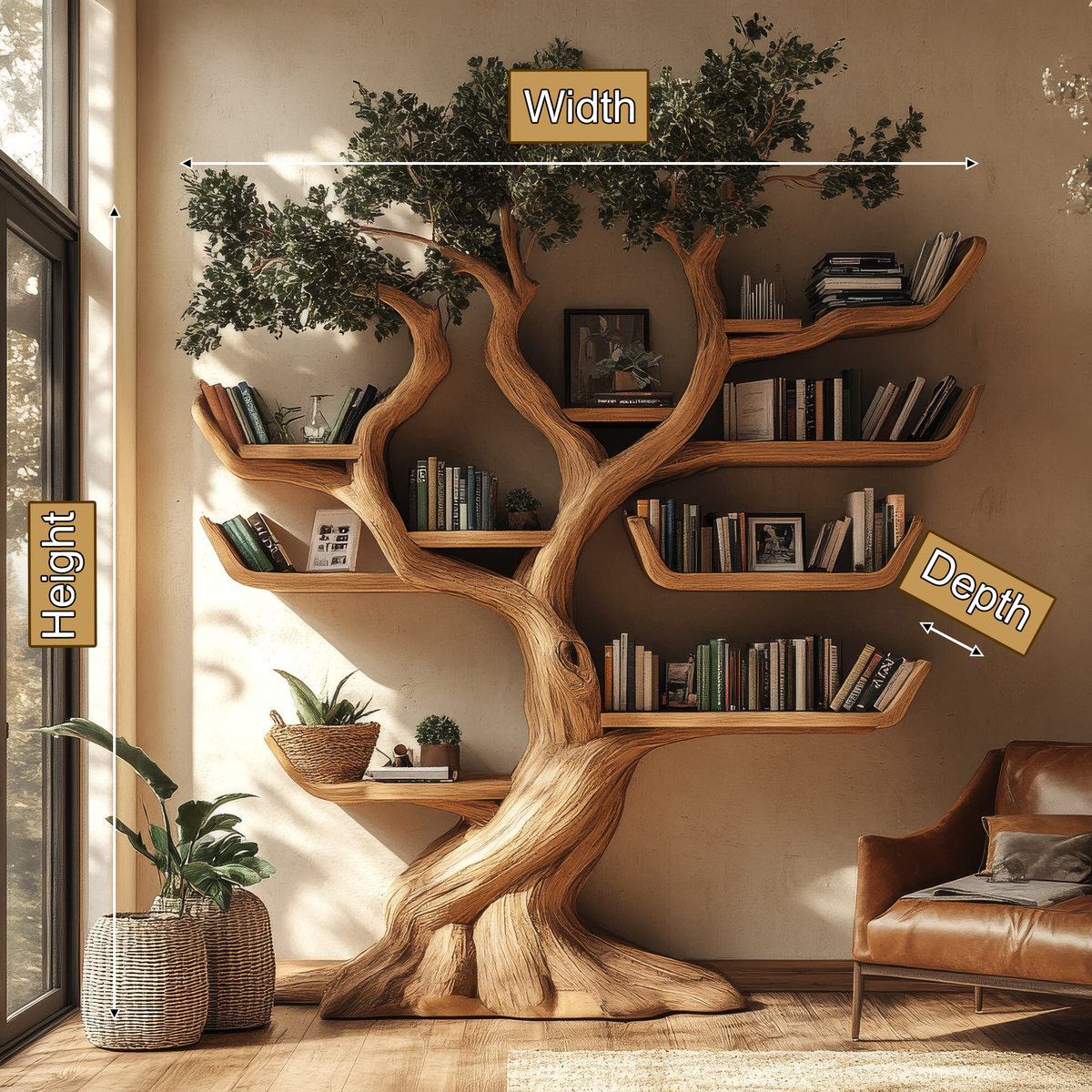 Solid Hardwood Tree Bookshelf with Carved Canopy and Root Base - view 8