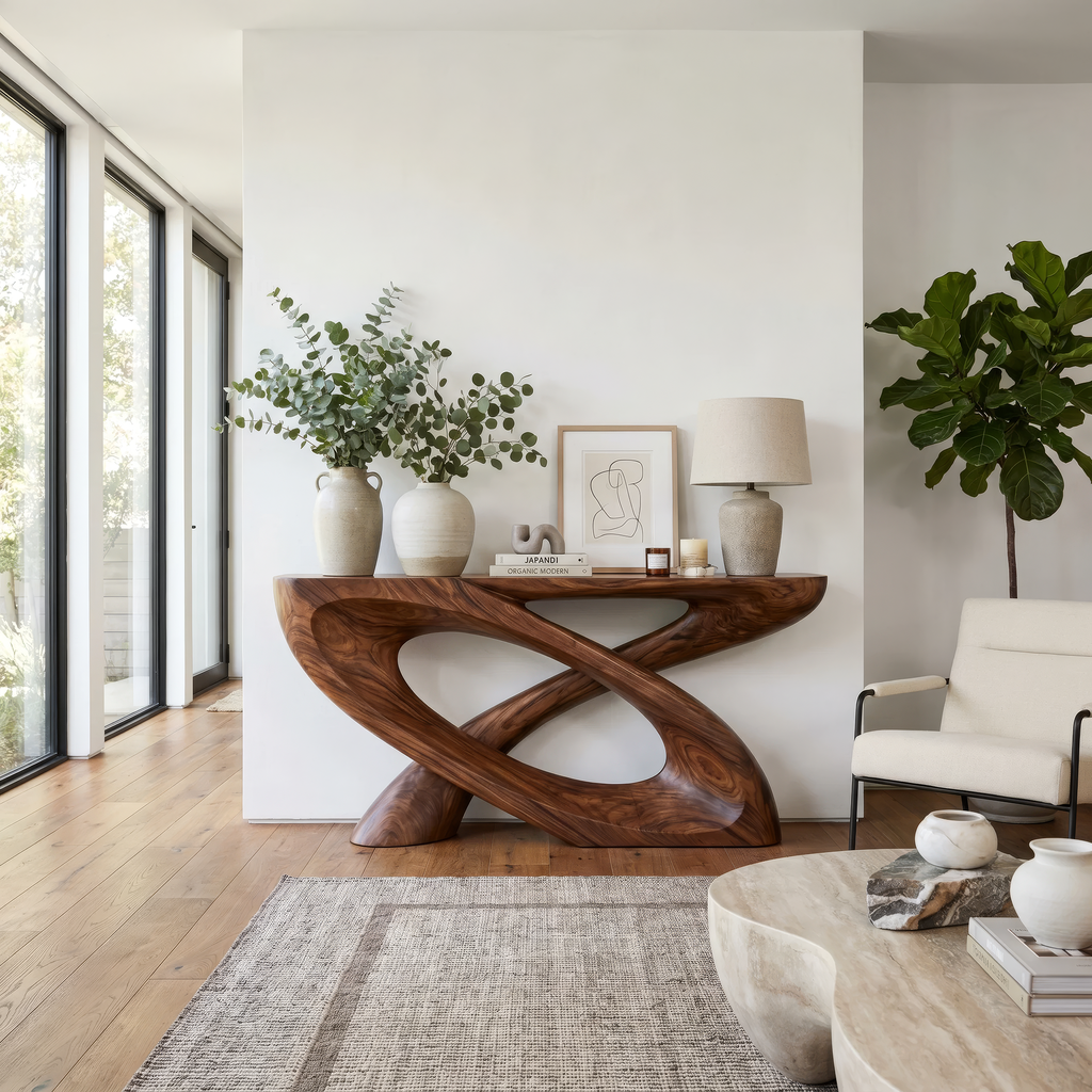 Sculpted Solid Hardwood Console Table with Looped Pedestal Base