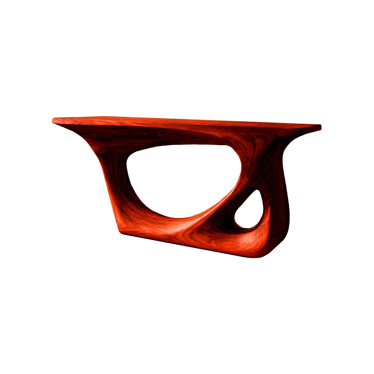 Sculpted Solid Wood Console Table with Carved Organic Voids in Mahogany finish