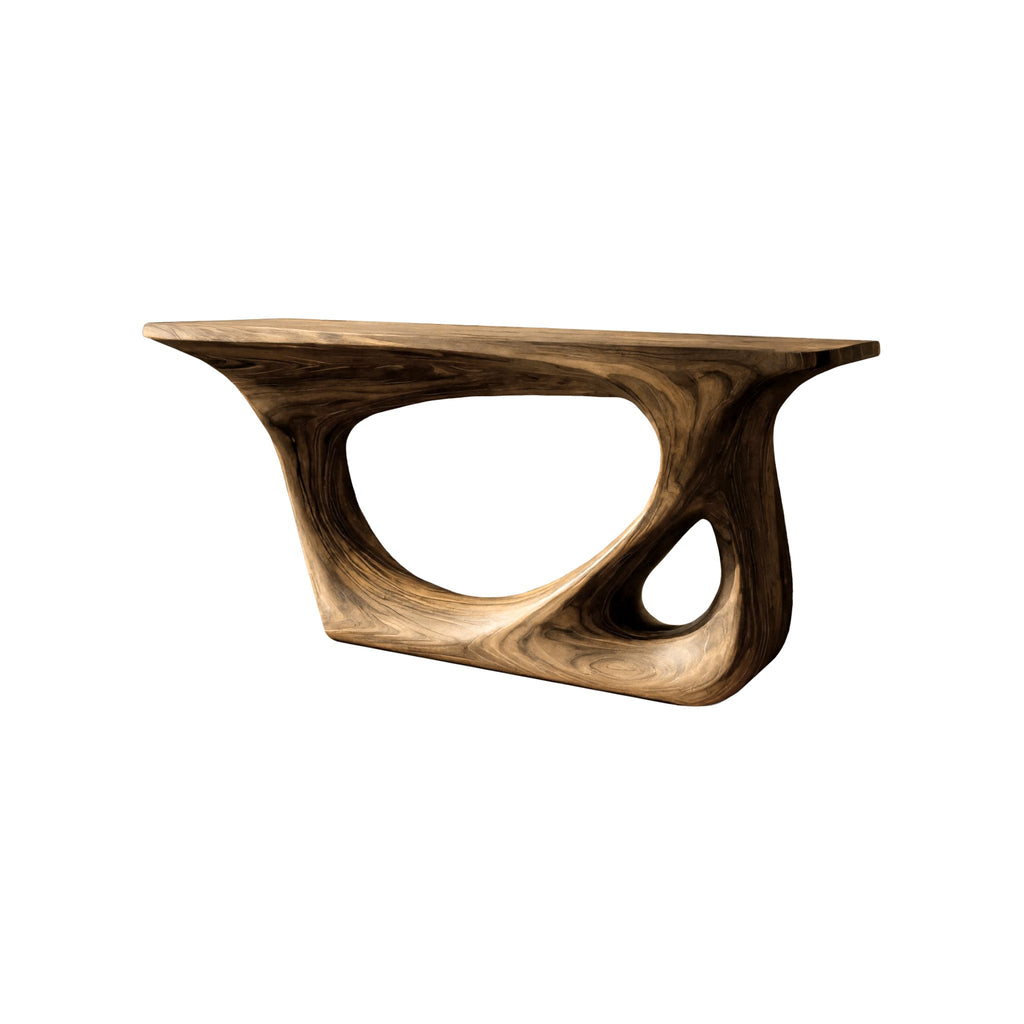 Sculpted Solid Wood Console Table with Carved Organic Voids in Natural Oak finish