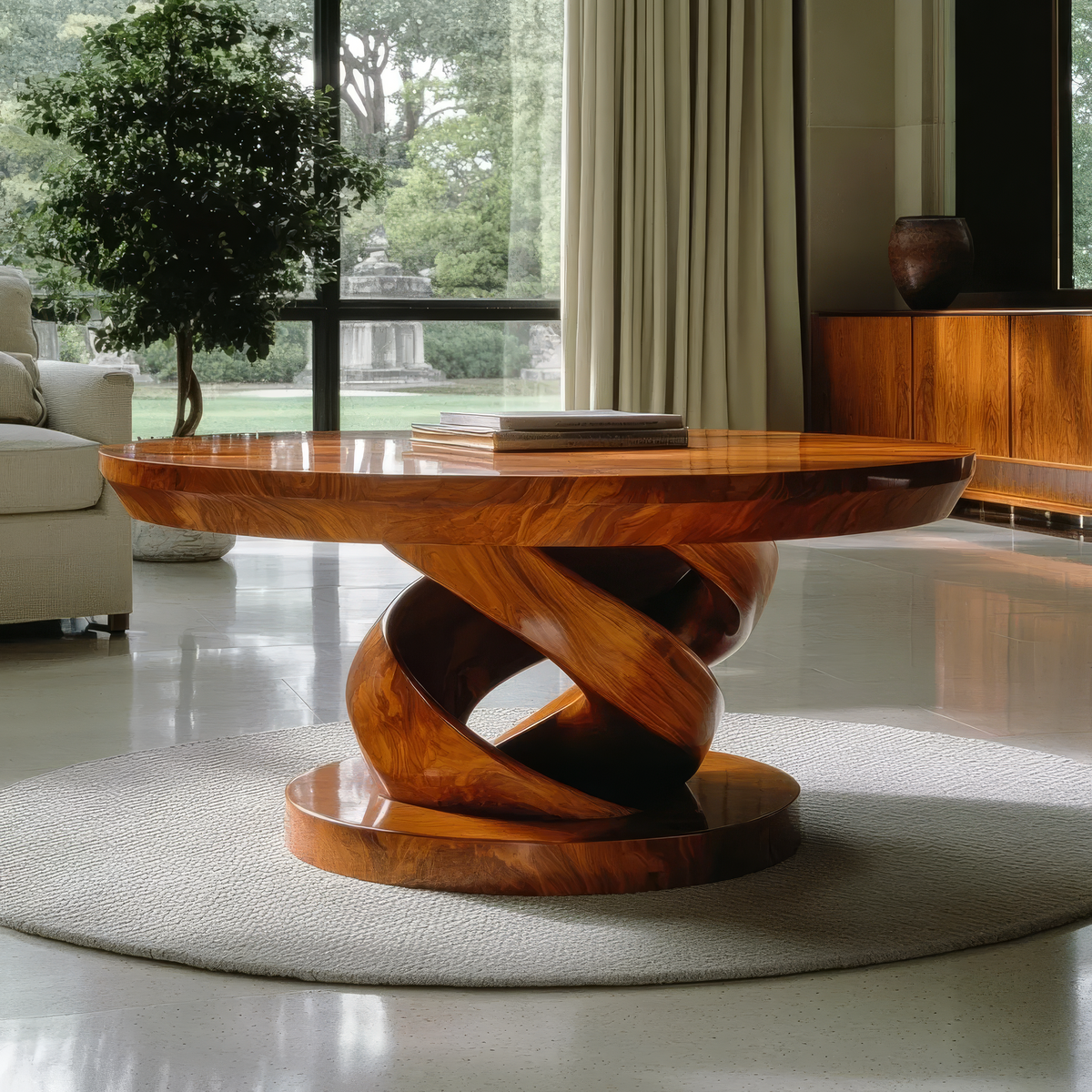 Round Solid Wood Coffee Table with Twisted Pedestal Base