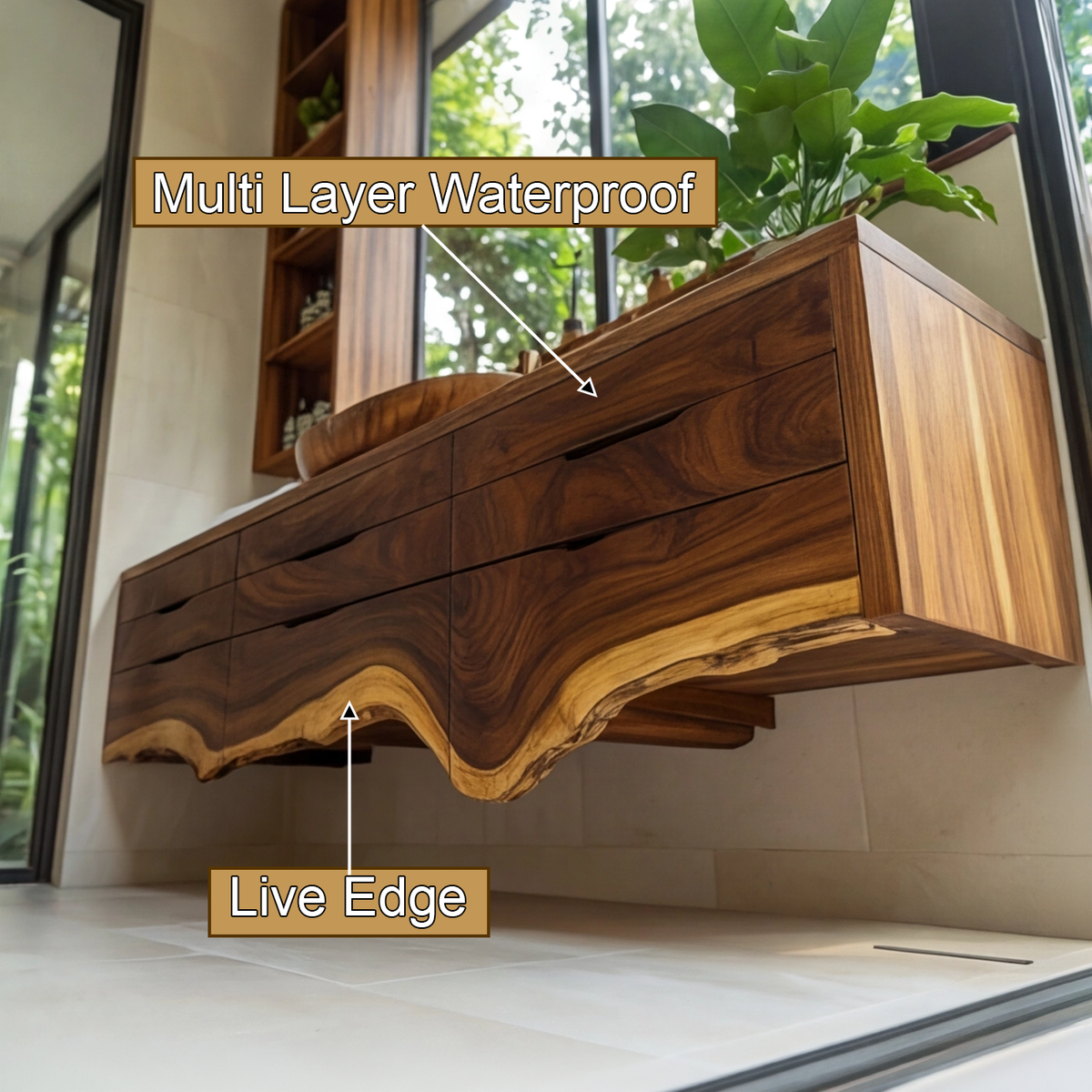 Live Edge Hardwood Floating Bathroom Vanity with Drawer Storage - view 2