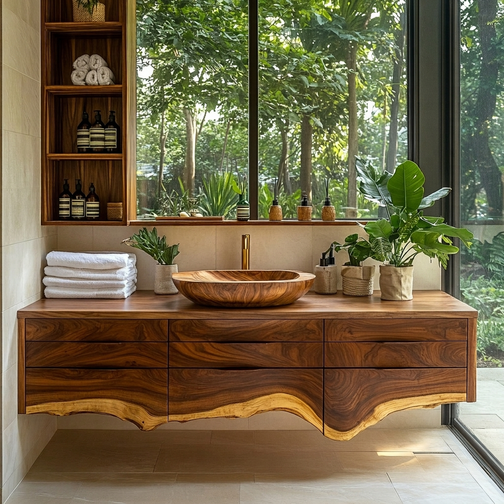 Live Edge Hardwood Floating Bathroom Vanity with Drawer Storage