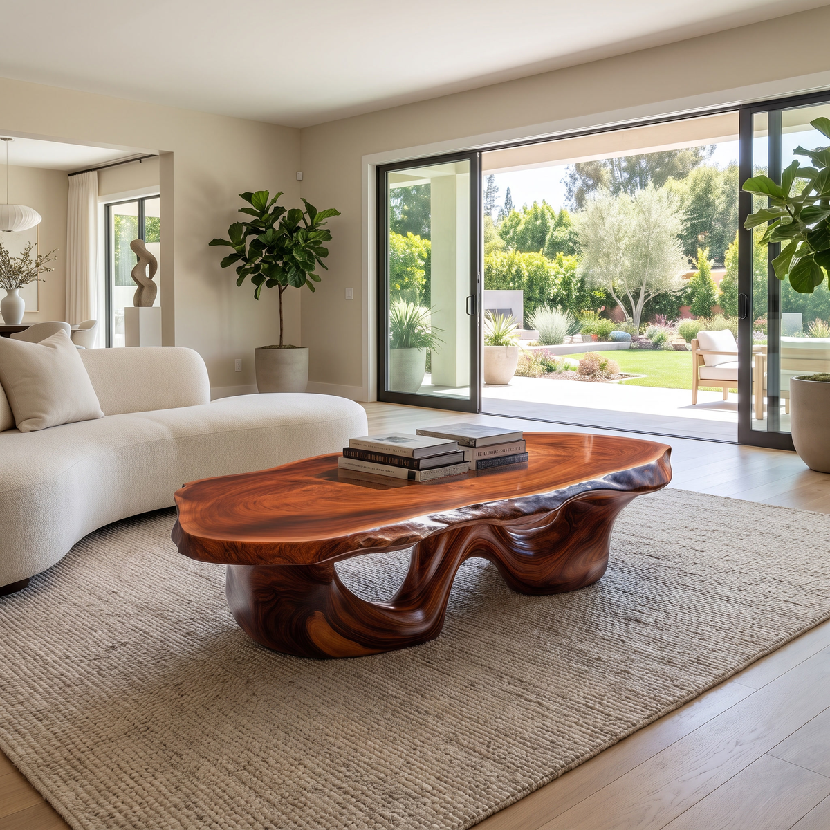 Live Edge Solid Wood Coffee Table with Flowing Pedestal Base in Mahogany finish