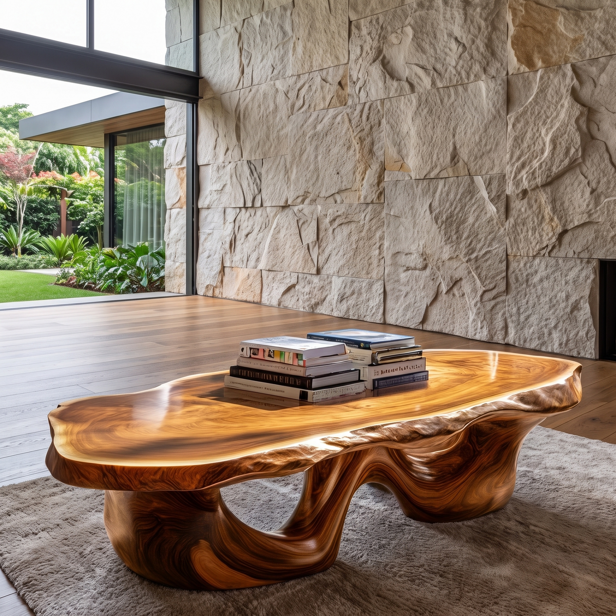 Live Edge Solid Wood Coffee Table with Flowing Pedestal Base in Teak finish