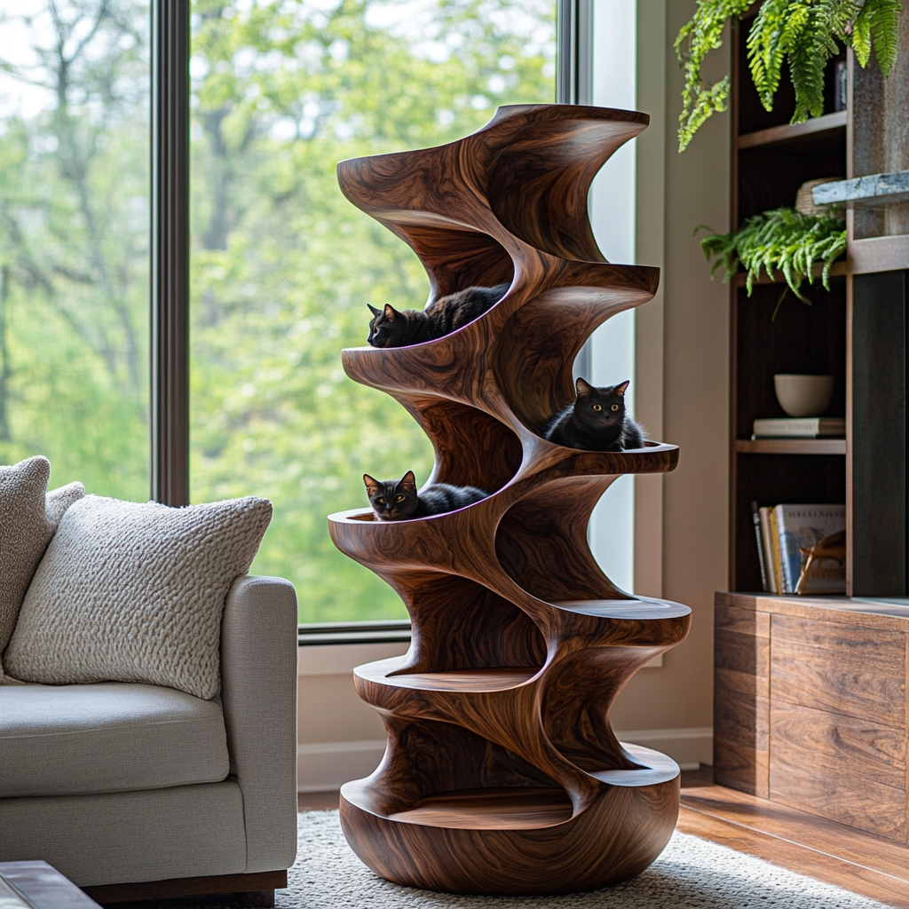 Sculpted Solid Wood Cat Tree with Hollowed Perching Platforms