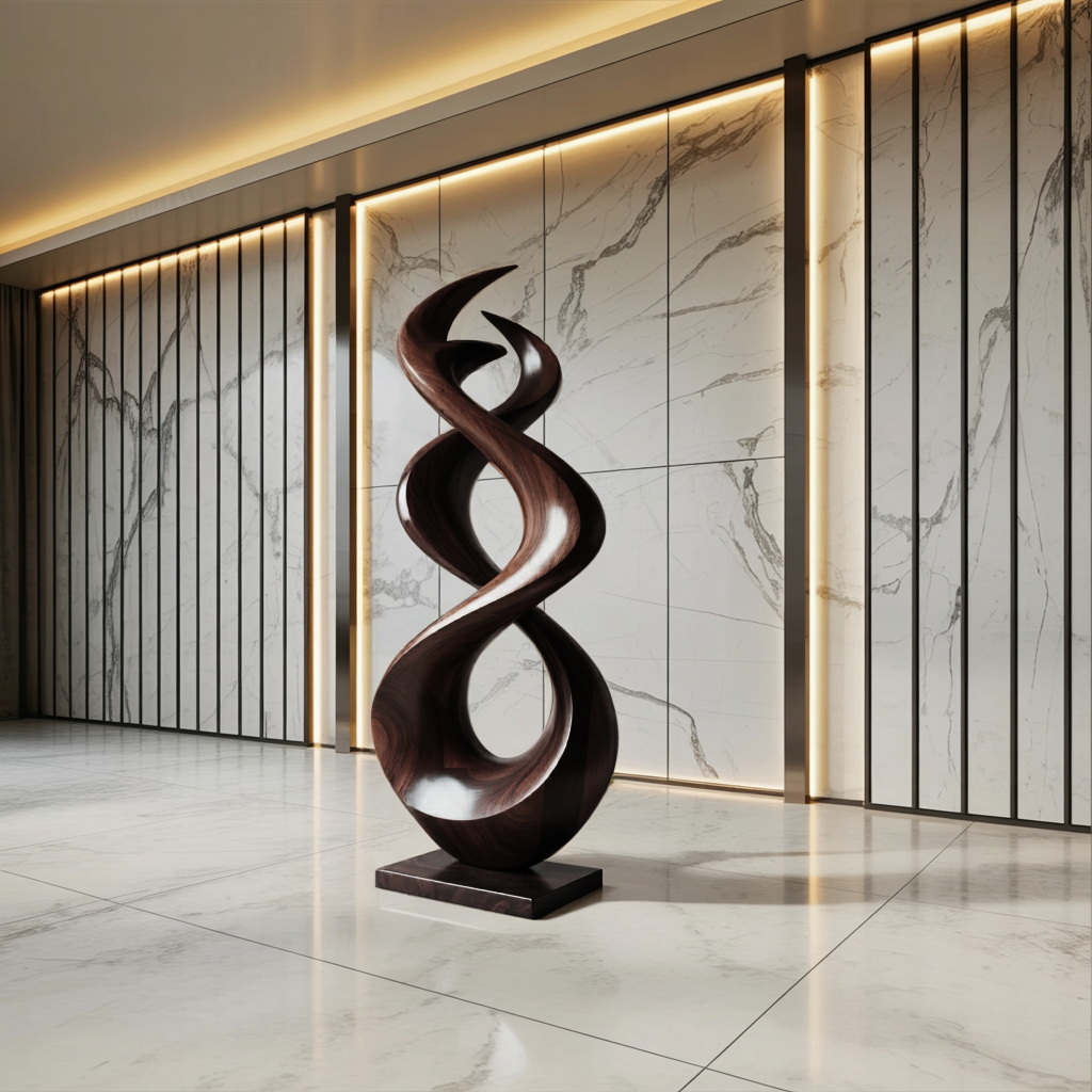 Rustic Abstract Solid Wood Flame Sculpture for Garden or Patio in Walnut finish