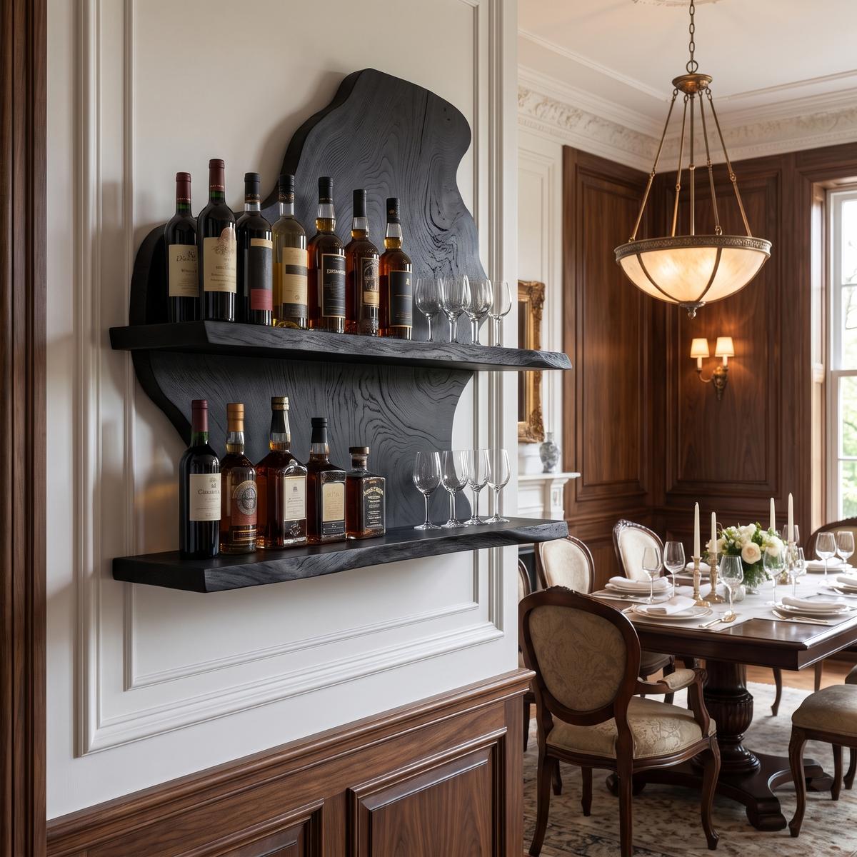 Live Edge Slab Floating Wine Shelf with Two Oversized Ledges in Black finish