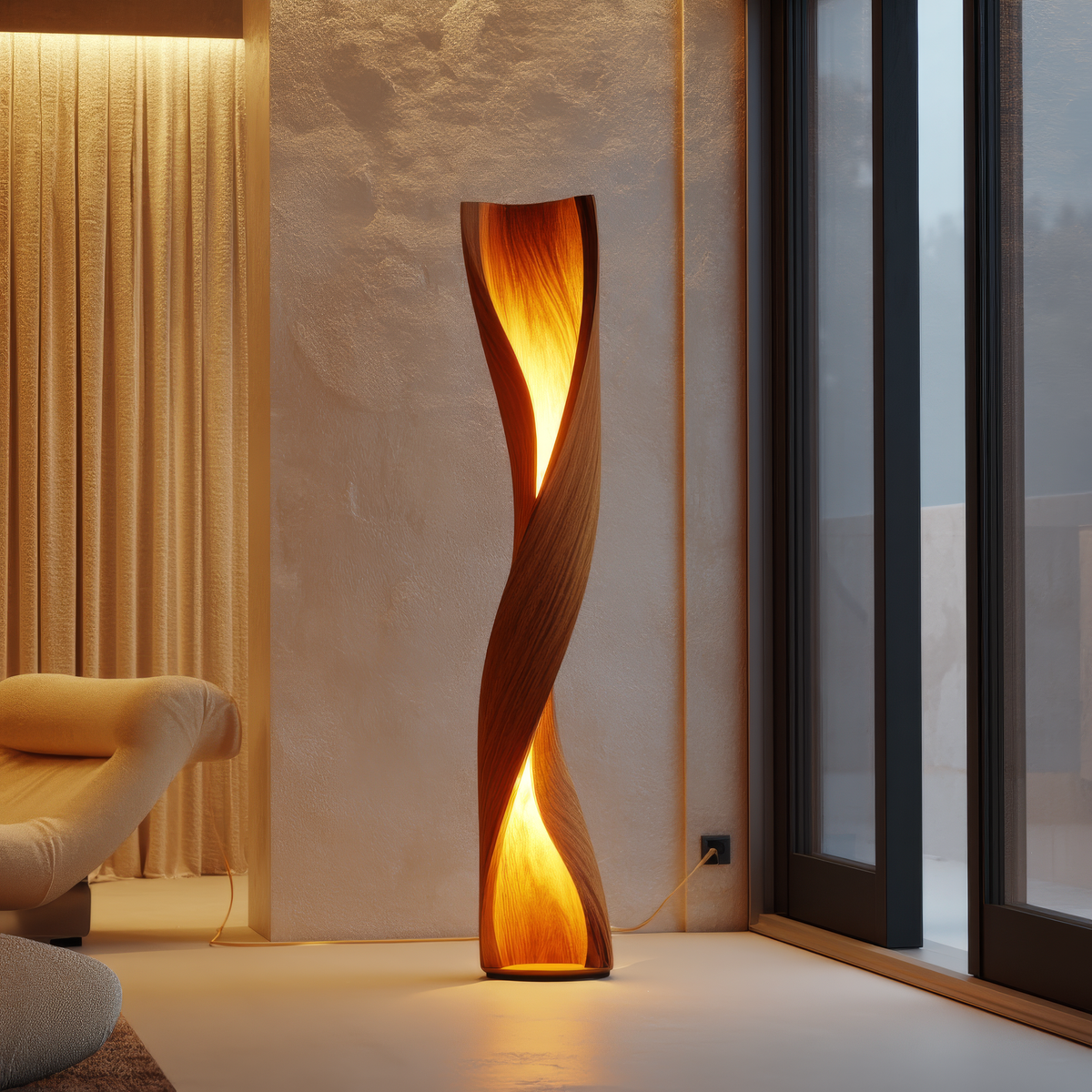 Sculpted Solid Wood Twisting Floor Lamp with Integrated LED