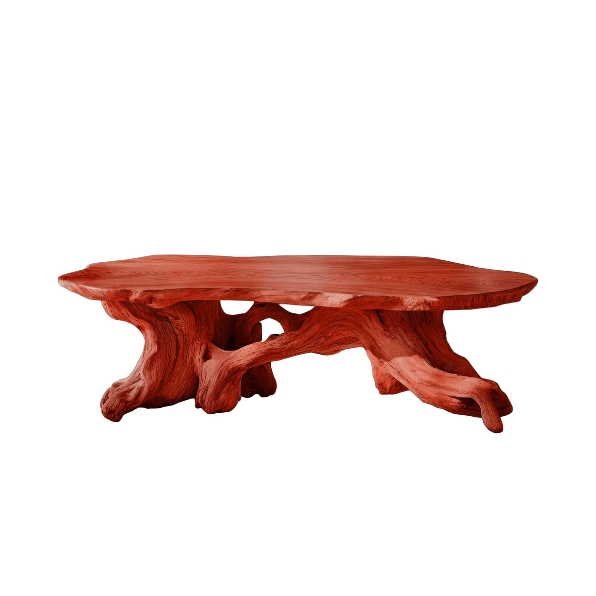 Live Edge Solid Wood Coffee Table with Root-Inspired Base in Mahogany finish