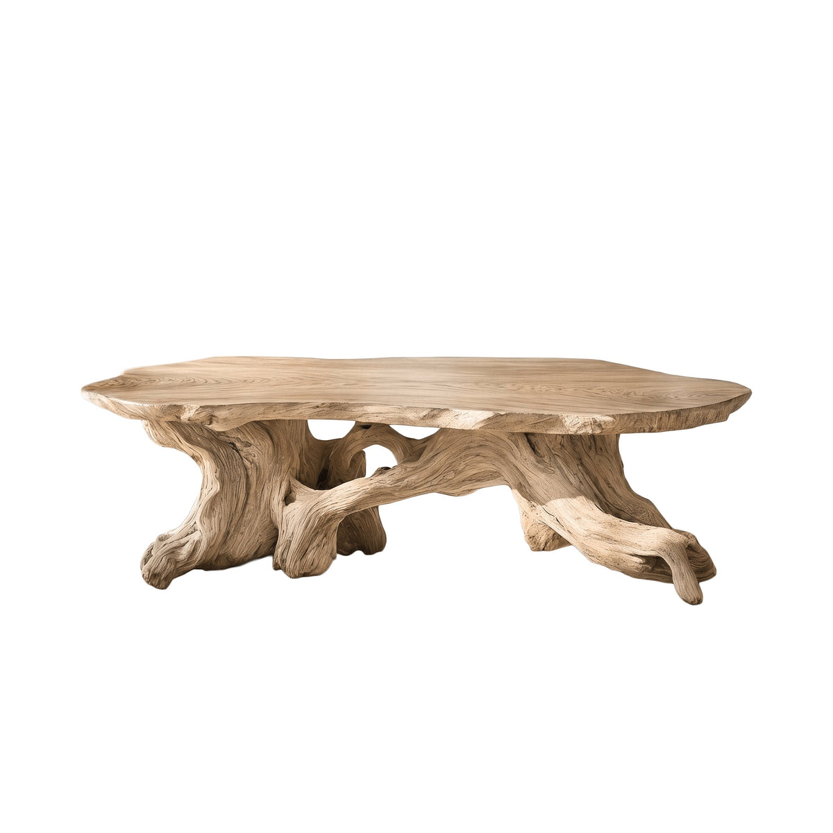 Live Edge Solid Wood Coffee Table with Root-Inspired Base in Natural Oak finish