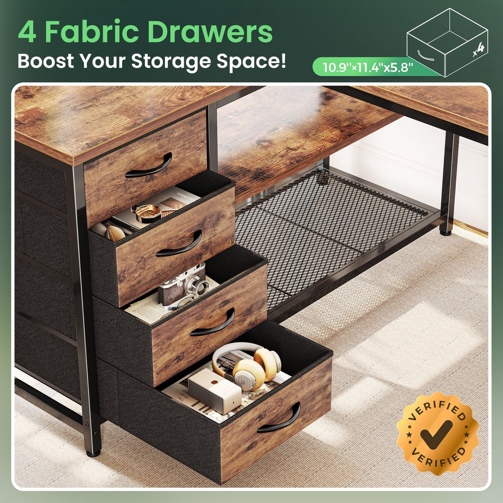Amadwell 43.3" Small L Shaped Desk, 2 Storage Shelves, Reversible Computer Desk, Power Outlets & 4 Drawers, Home Office Desk for Gaming Writing