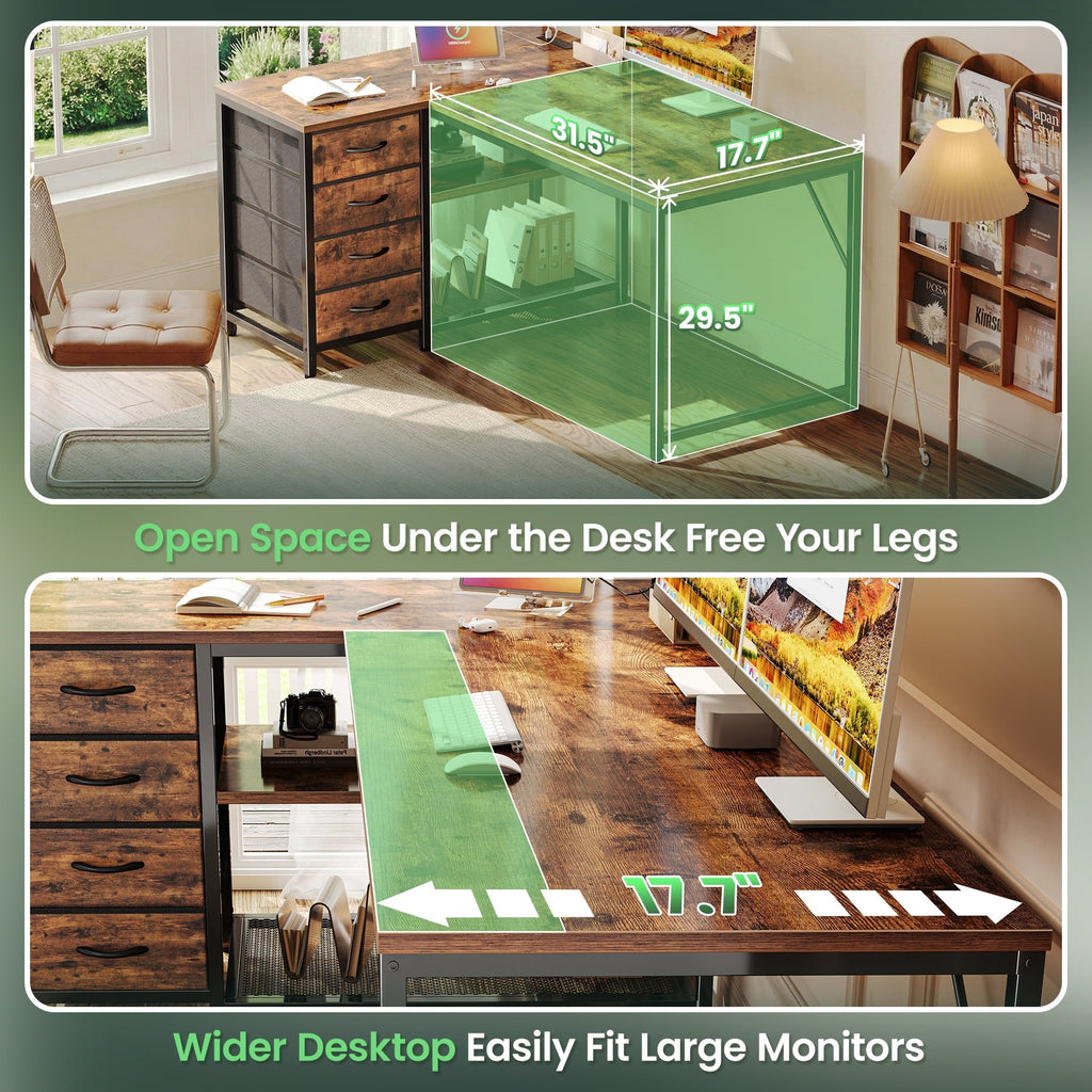 Amadwell 43.3" Small L Shaped Desk, 2 Storage Shelves, Reversible Computer Desk, Power Outlets & 4 Drawers, Home Office Desk for Gaming Writing