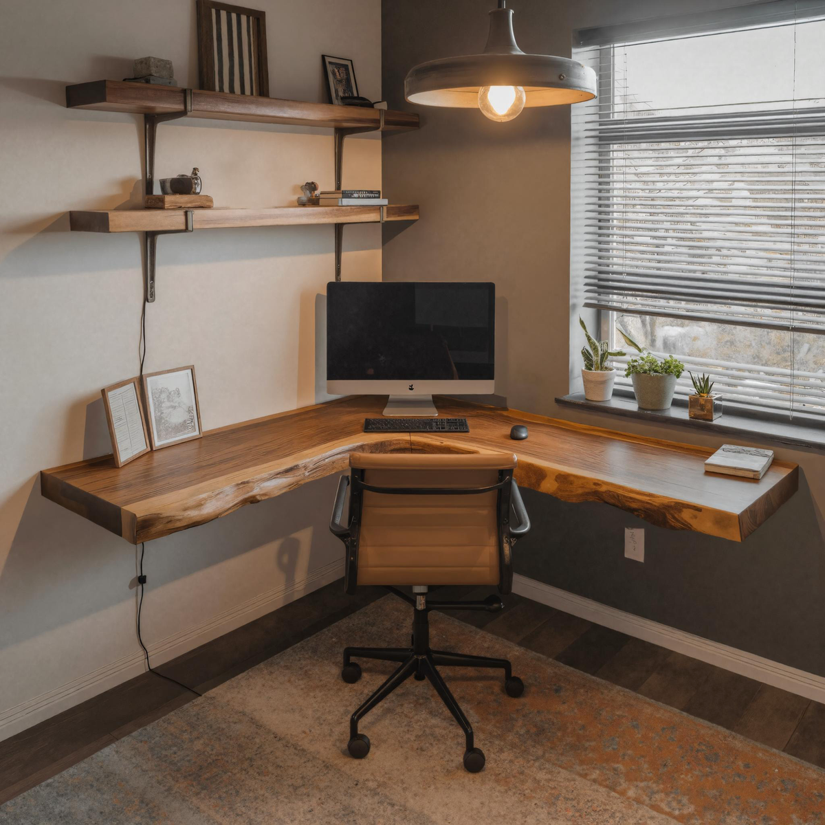 Floating Live Edge Solid Wood Corner Desk for Home Office
