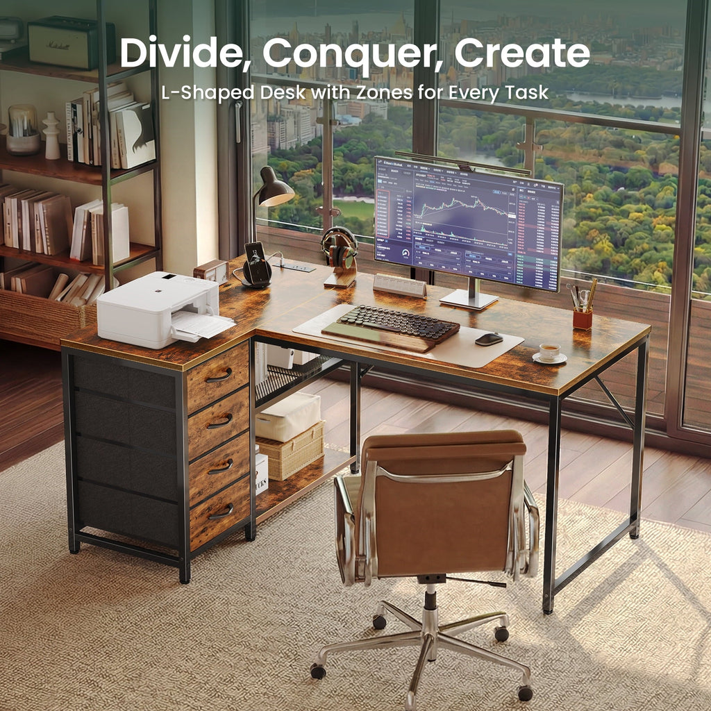 Amadwell 43.3" Small L Shaped Desk, 2 Storage Shelves, Reversible Computer Desk, Power Outlets & 4 Drawers, Home Office Desk for Gaming Writing