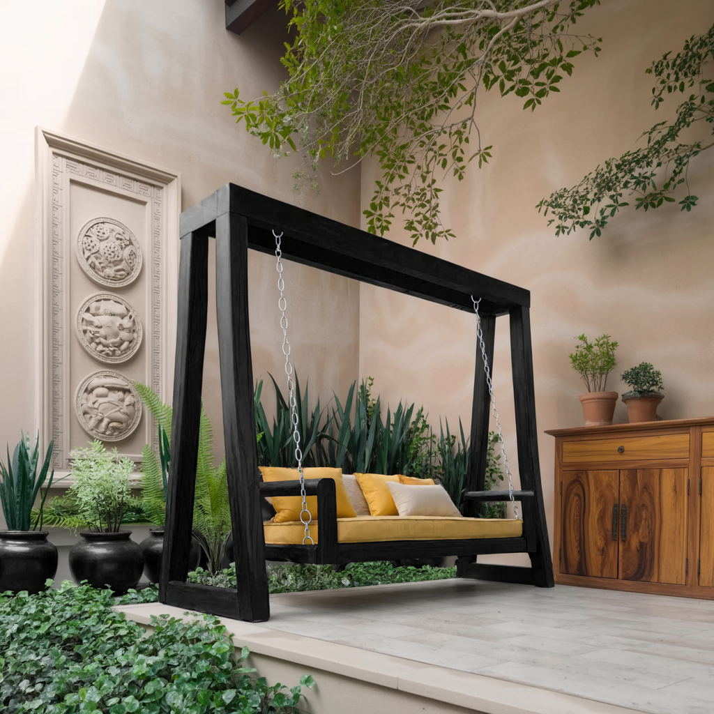 Contemporary Solid Wood A-Frame Outdoor Swing Bench for Patio in Black finish