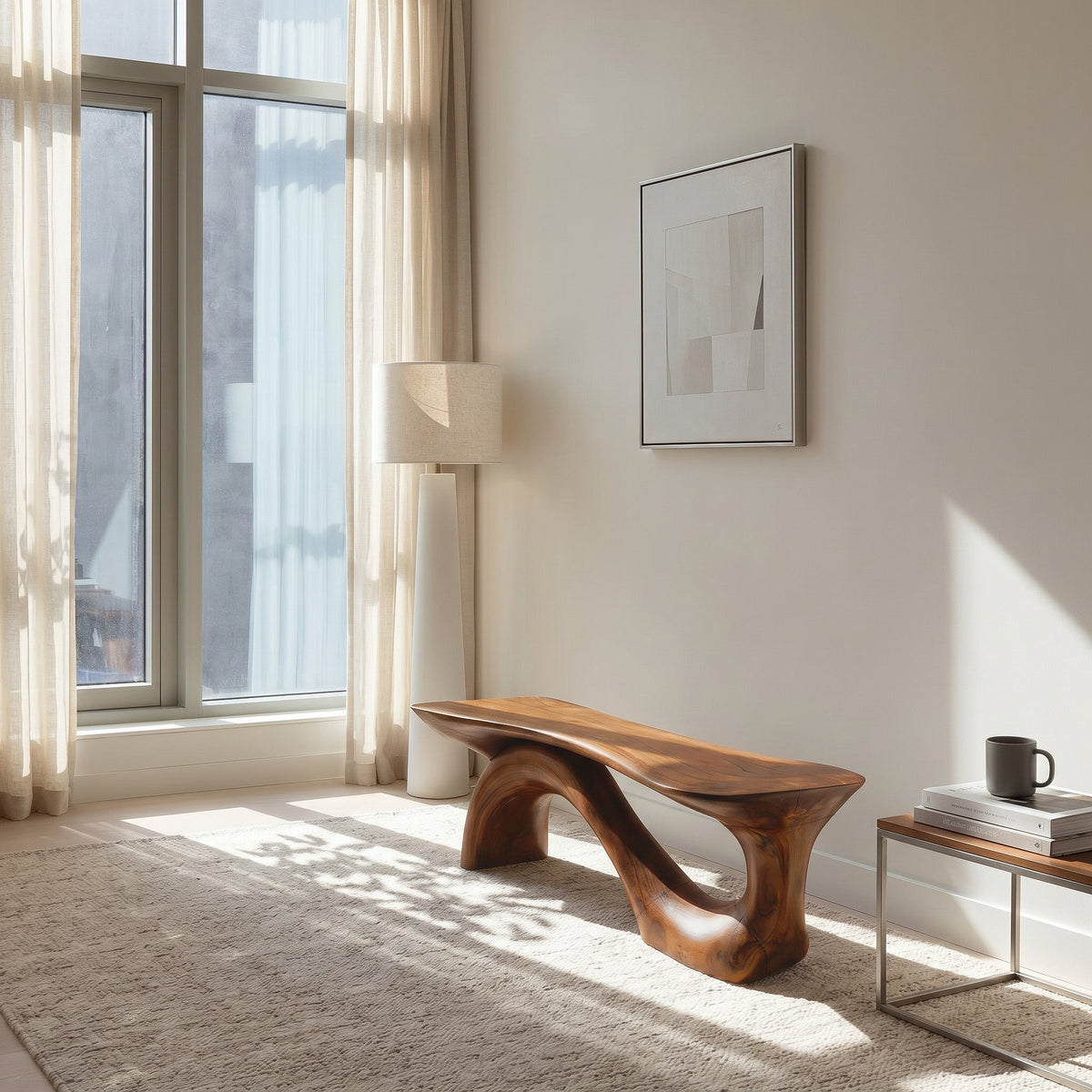 Sculptural Solid Wood Bench with Organic Curves for Living Room in Brown finish