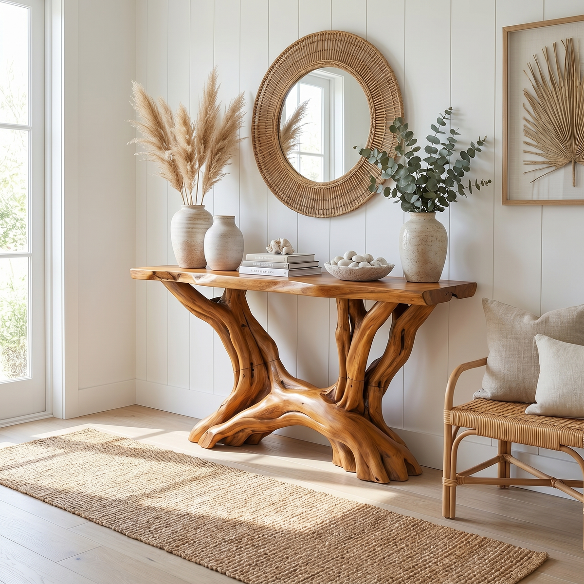 Rustic Organic Solid Wood Console Table with Open Shelving in Brown finish
