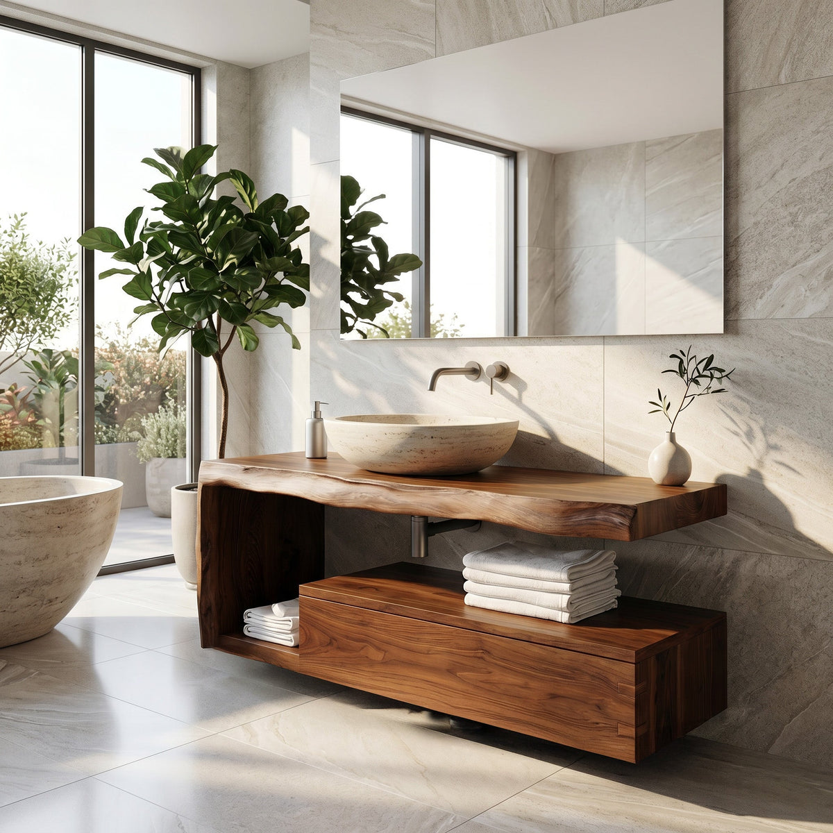Modern Floating Solid Wood Bathroom Vanity with Drawer and Shelf in Brown finish