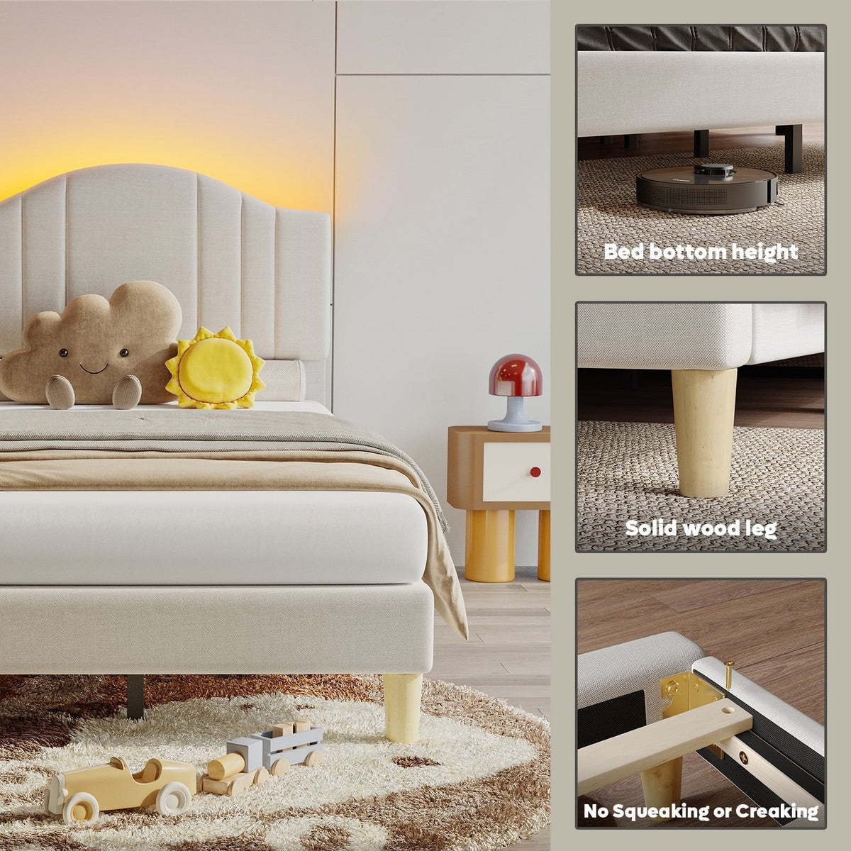 Pinmoco Twin Upholstered Bed Frame with Adjustable Arc-shaped Headboard, LED Platform Bed, Fabric Beige