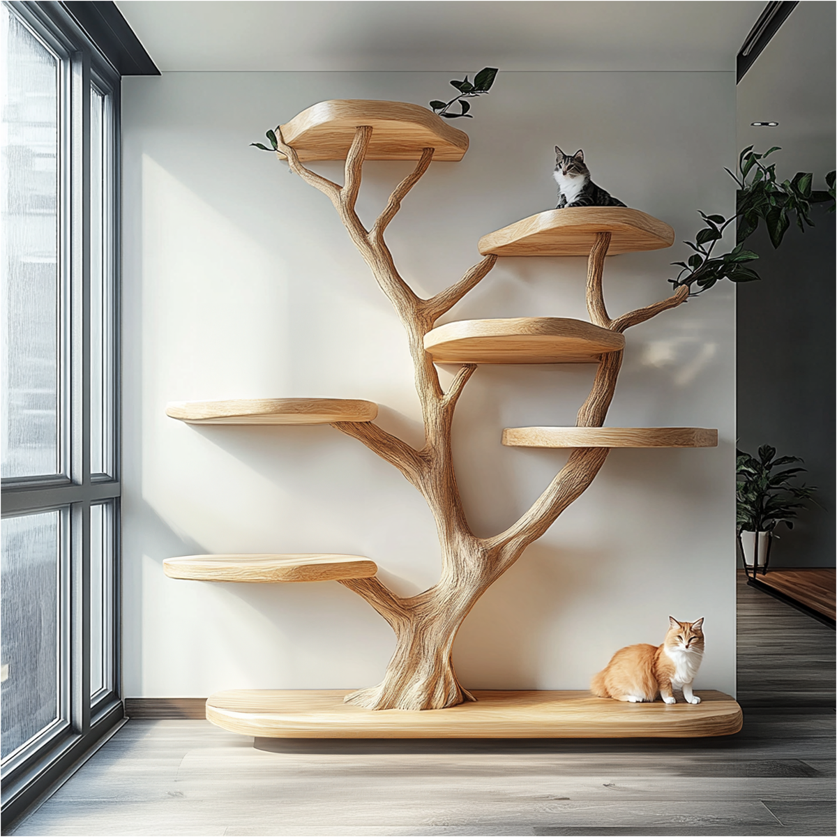 Rustic Natural Wood Cat Tree with Branch Platforms