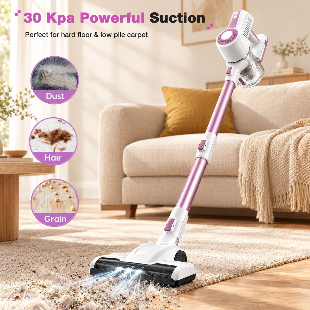 MOOSOO Stick Vacuum Cleaner, 6-in-1 Lightweight Cordless Vacuum for Hard Floor Carpet Pet Hair, L12 Pink
