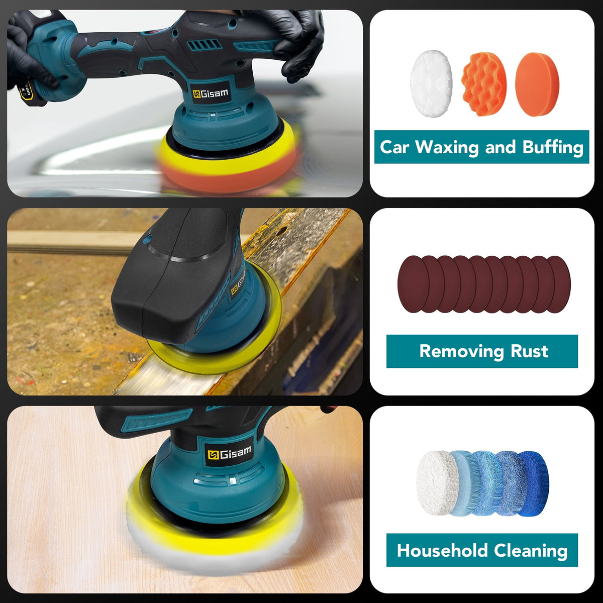 Gisam Cordless Car Buffer Polisher, 8 Variable Speed Auto Orbital Polishing Kit, with 2*21V 2.0Ah Battery for Car Wood