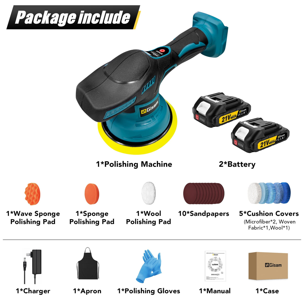 Gisam Cordless Car Buffer Polisher, 8 Variable Speed Auto Orbital Polishing Kit, with 2*21V 2.0Ah Battery for Car Wood