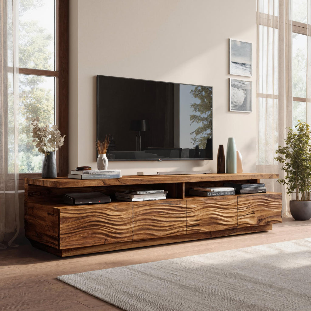 Solid Wood TV Stand with Wave Carved Storage Cabinets - view 2