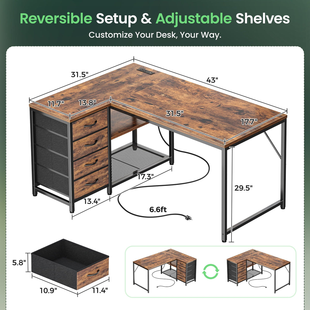 Amadwell 43.3" Small L Shaped Desk, 2 Storage Shelves, Reversible Computer Desk, Power Outlets & 4 Drawers, Home Office Desk for Gaming Writing