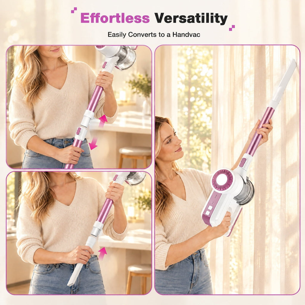 MOOSOO Stick Vacuum Cleaner, 6-in-1 Lightweight Cordless Vacuum for Hard Floor Carpet Pet Hair, L12 Pink