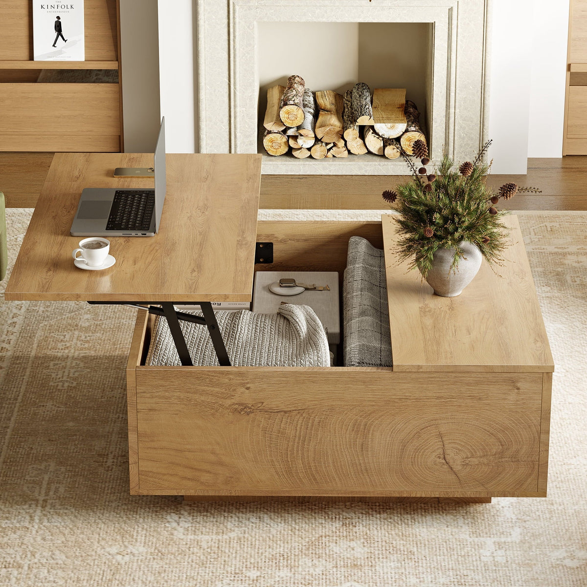 GUNAITO Lift Top Coffee Table with Storage, Square Coffee Table and Modern Farmhouse Center Table for Living Room, Natural wood color