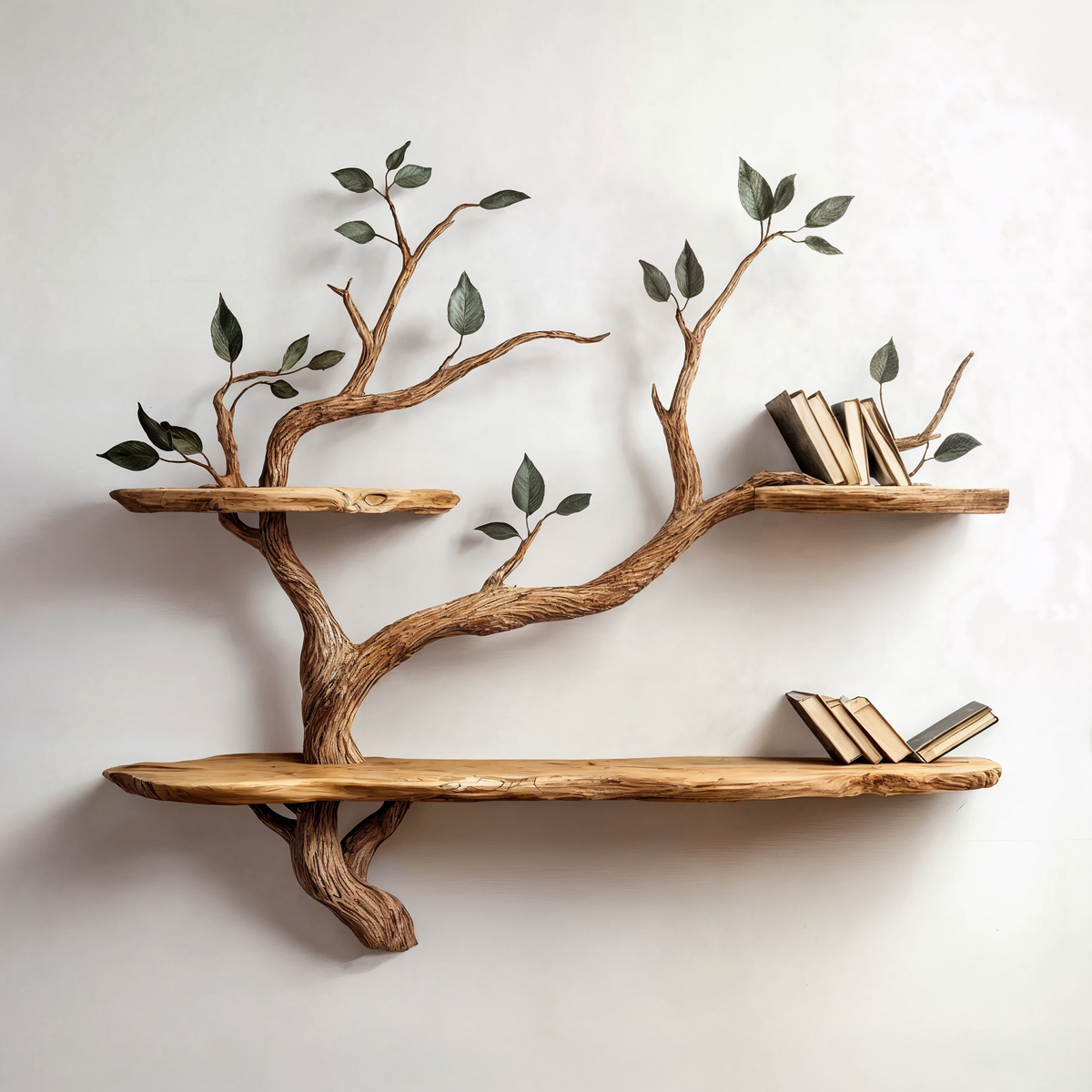 Compact Wood Tree Branch Floating Bookcase for Small Walls
