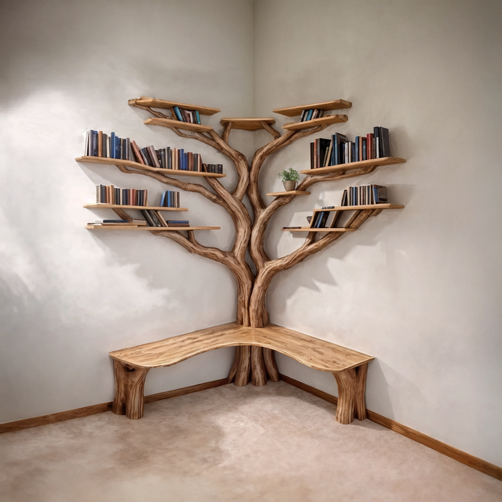 Tree Branch Floating Corner Bookshelf with Optional L-Shaped Bench