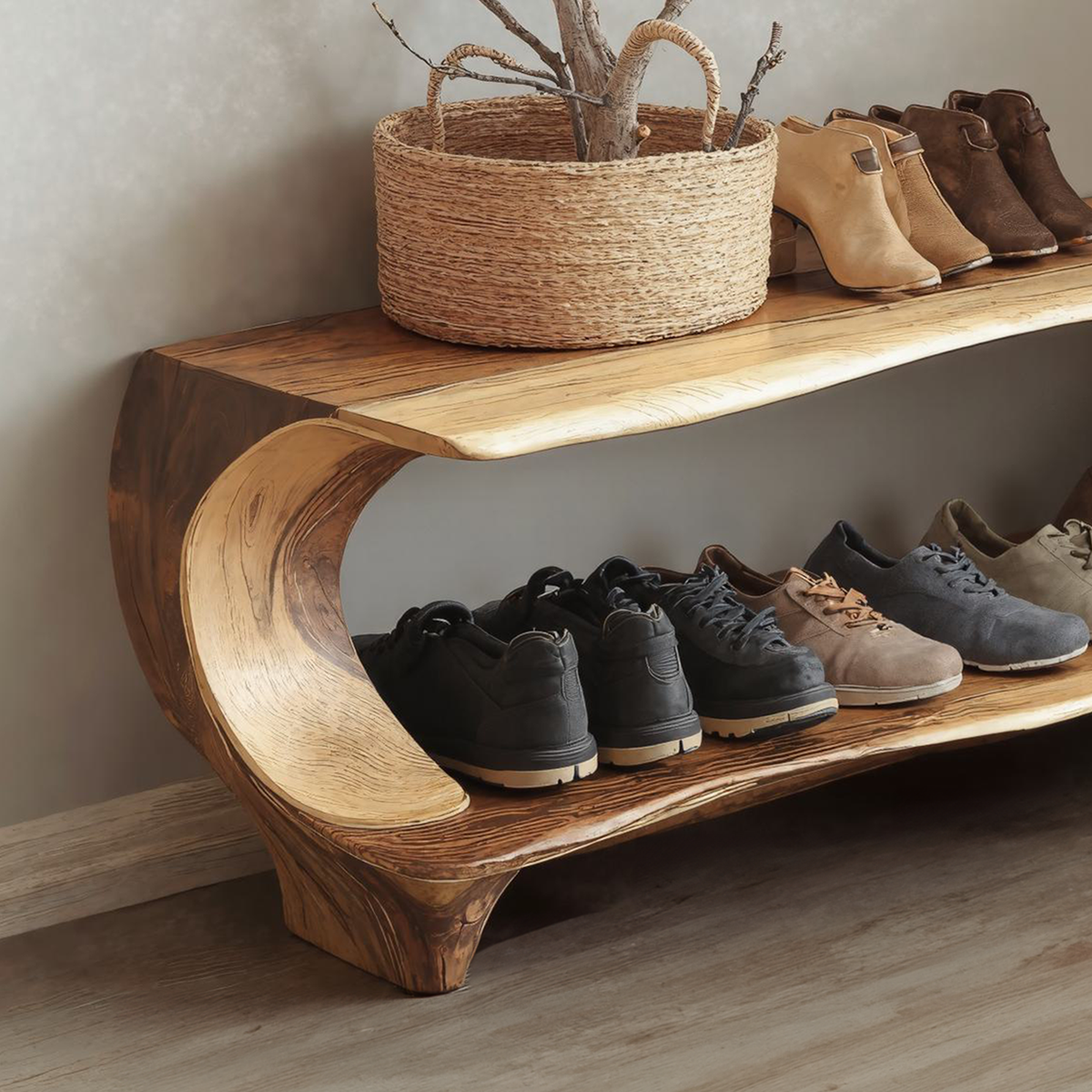 Narrow Solid Wood Entryway Shoe Rack Bench with Live Edge - view 3