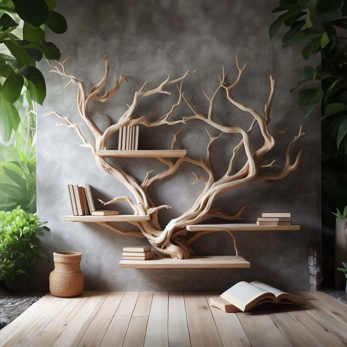 Rustic Driftwood Tree Wall Bookshelf for Home Office