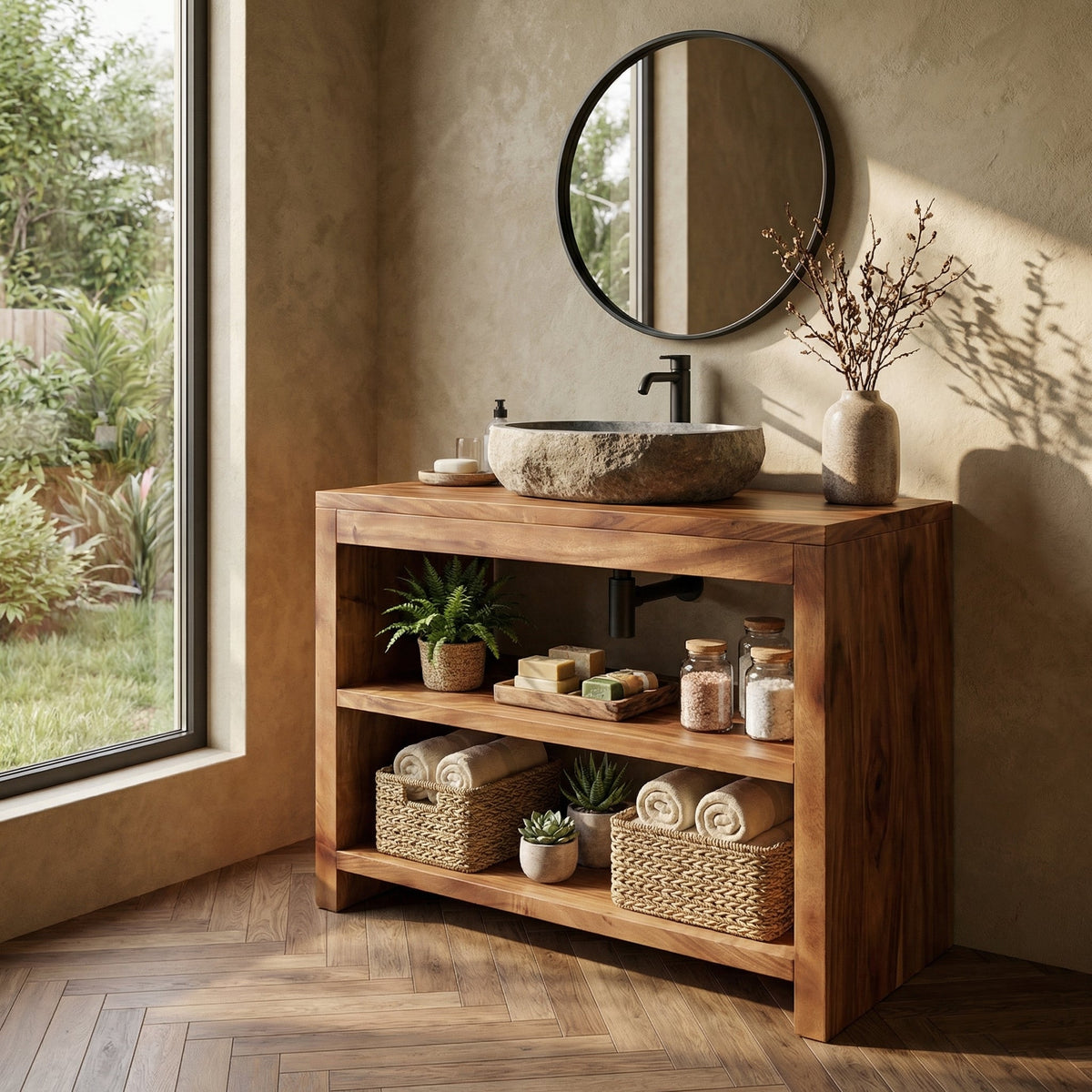 Custom Live Edge Wood Bathroom Vanity Cabinet, With or Without Sink in Brown finish
