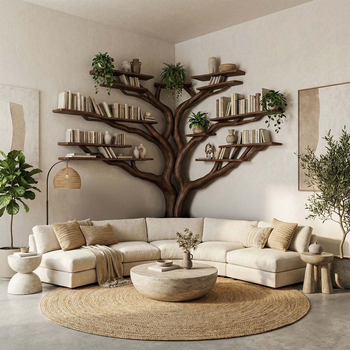 Tree Branch Floating Corner Bookshelf with Optional L-Shaped Bench in Walnut finish