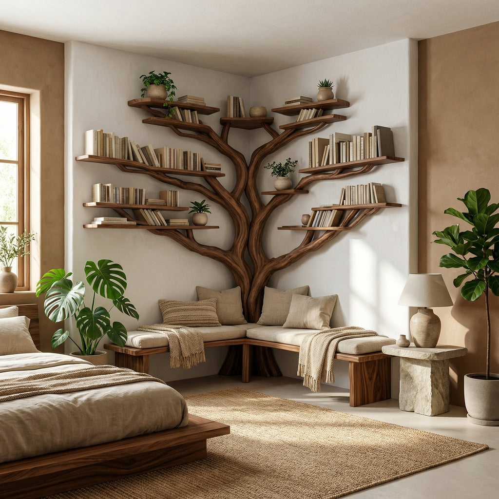 Tree Branch Floating Corner Bookshelf with Optional L-Shaped Bench in Brown finish