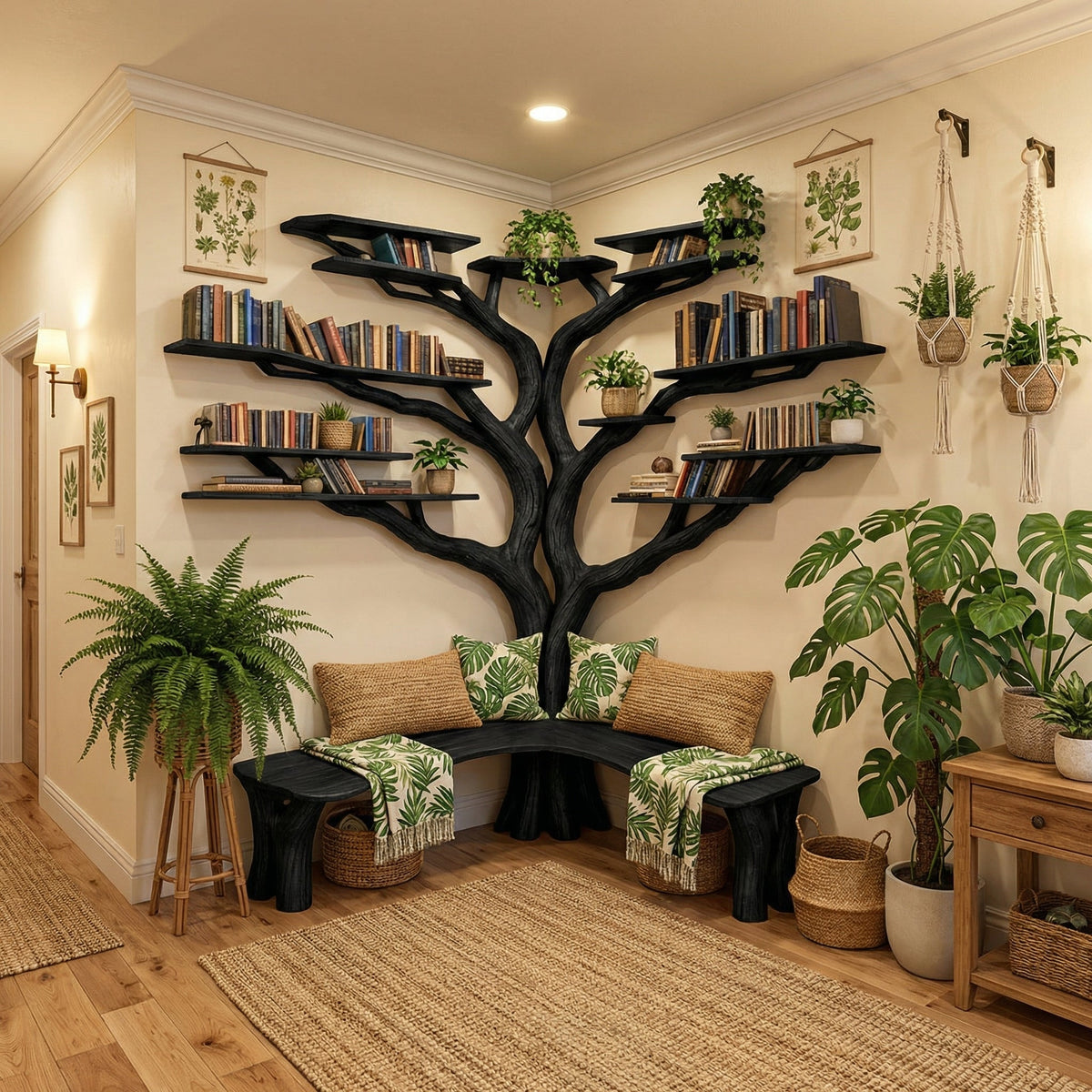 Tree Branch Floating Corner Bookshelf with Optional L-Shaped Bench in Black finish