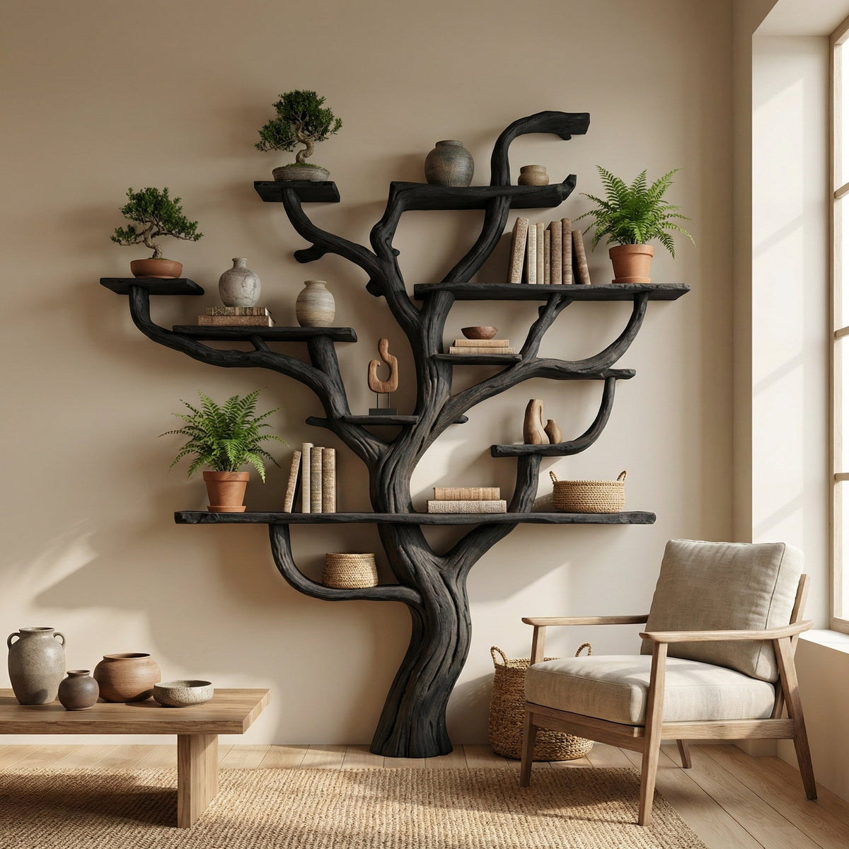 Wall Mounted Tree Branch Corner Bookshelf in Natural Wood in Black finish