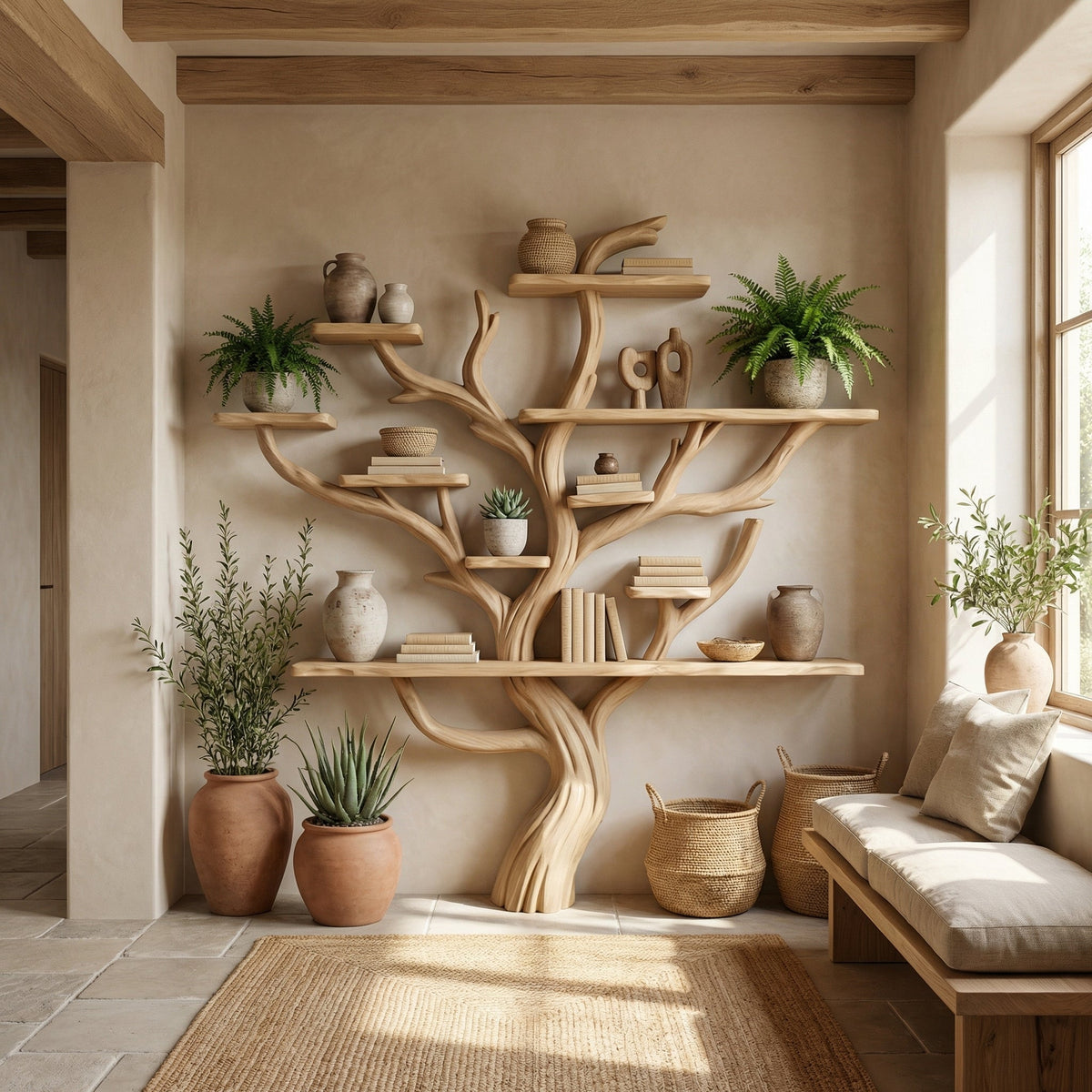 Wall Mounted Tree Branch Corner Bookshelf in Natural Wood in Oak finish
