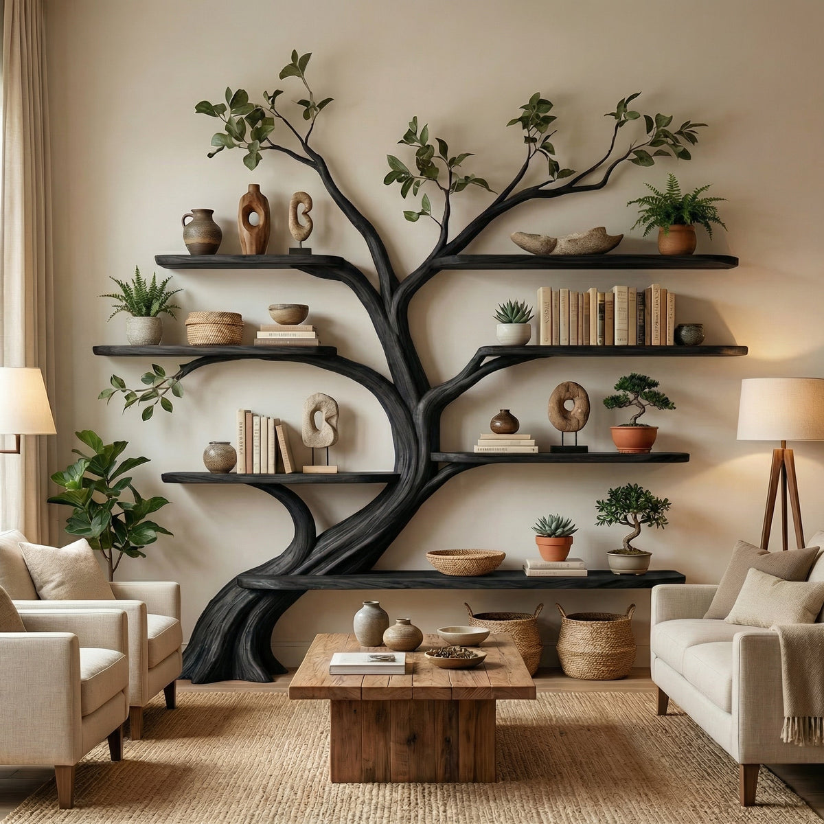 Driftwood Branch Floating Wall Shelf with Tree Design - view 3